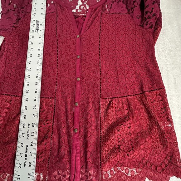 Lucky Brand Womens Burgundy Lace Button Down Tunic Top Shirt XL 3/4 Sleeve Boho - Picture 9 of 9